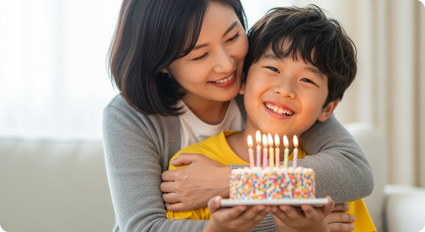 초등학생 아들과 엄마가 생일 케이크 앞에서 서로를 안고 행복하게 웃는 모습. 순수한 사랑과 기쁨이 느껴지는 따뜻한 장면.