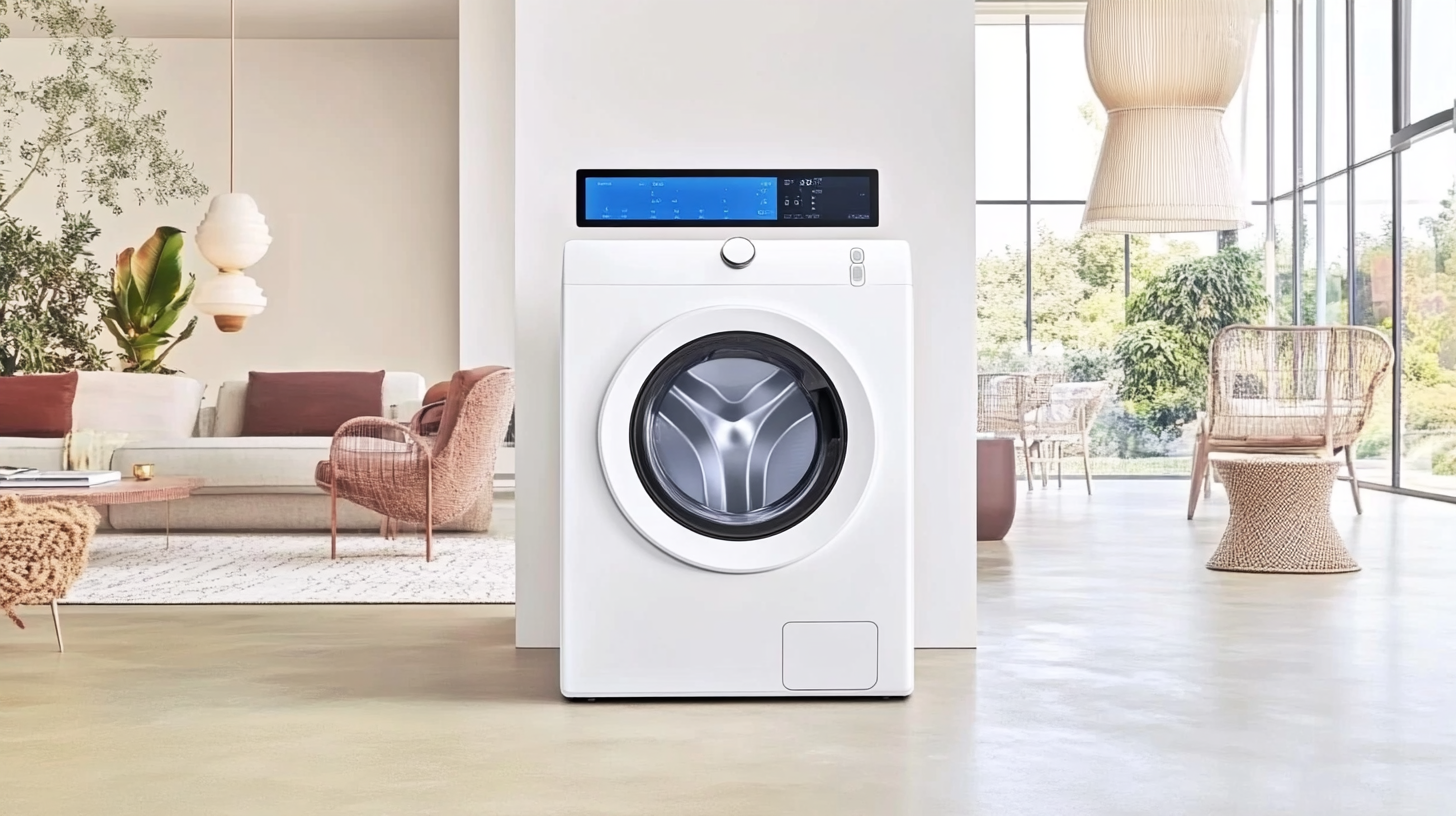 우아한 거실에 있는 AI 통합 기능을 갖춘 현대적인 삼성 세탁기와 건조기 조합, 세련된 흰색 디자인과 와이드 터치스크린 패널이 돋보이는 모습
