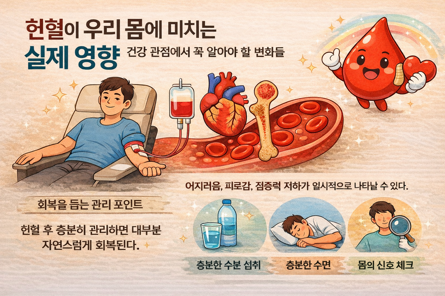 헌혈이 우리 몸에 미치는 영향과 회복 과정을 정리한 건강 정보 인포그래픽 이미지