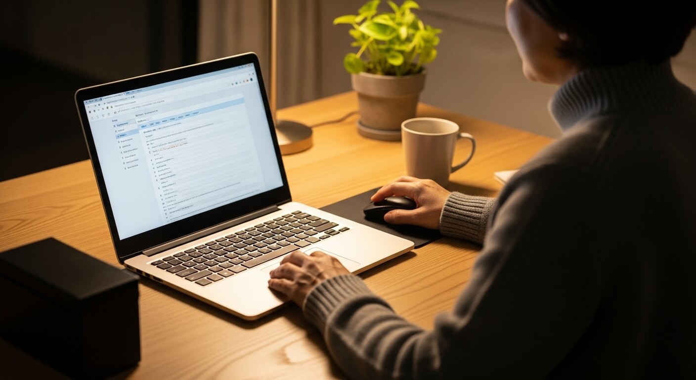 한국 중년 여성이 저녁 집에서 노트북으로 온라인 설문 페이지를 확인하는 모습