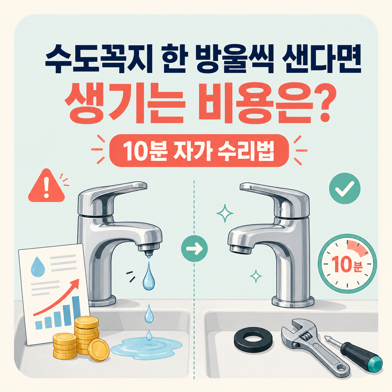 수도꼭지에서 물이 한 방울씩 떨어질 때 생기는 비용과 10분 자가 수리법