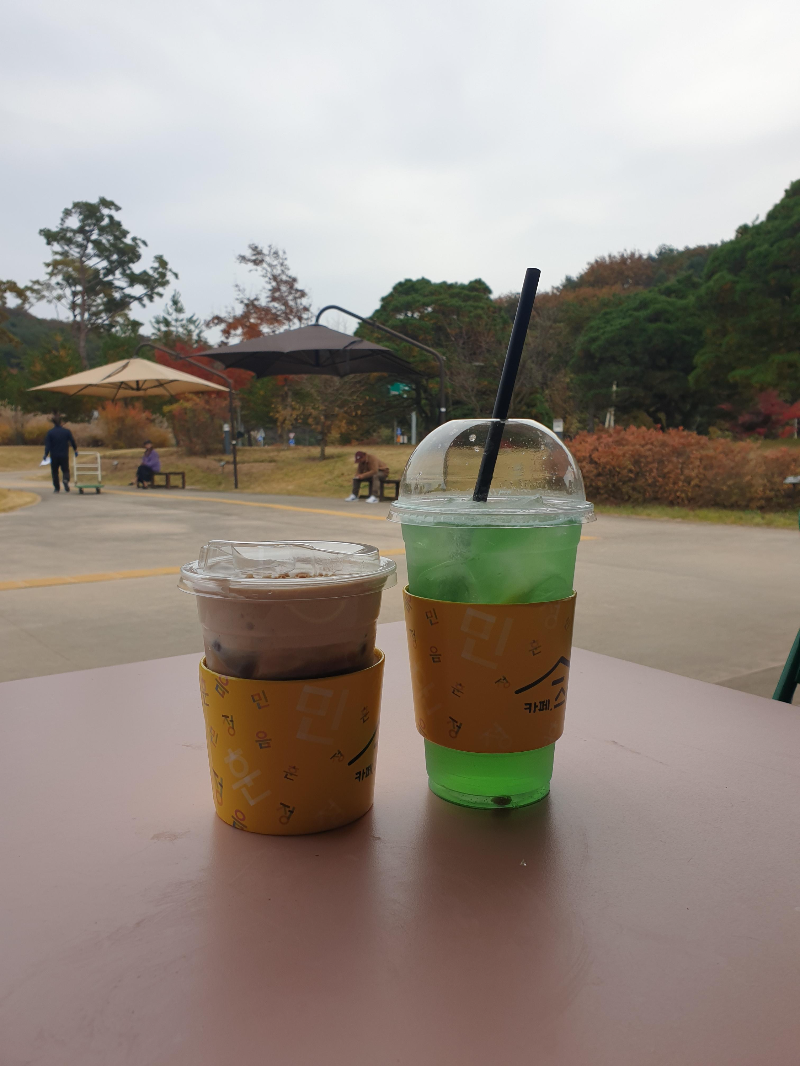 흐린 날씨지만 울긋불긋 푸른 다양한 나무들이 보이는 외부에 음료 두 개가 놓여있다.