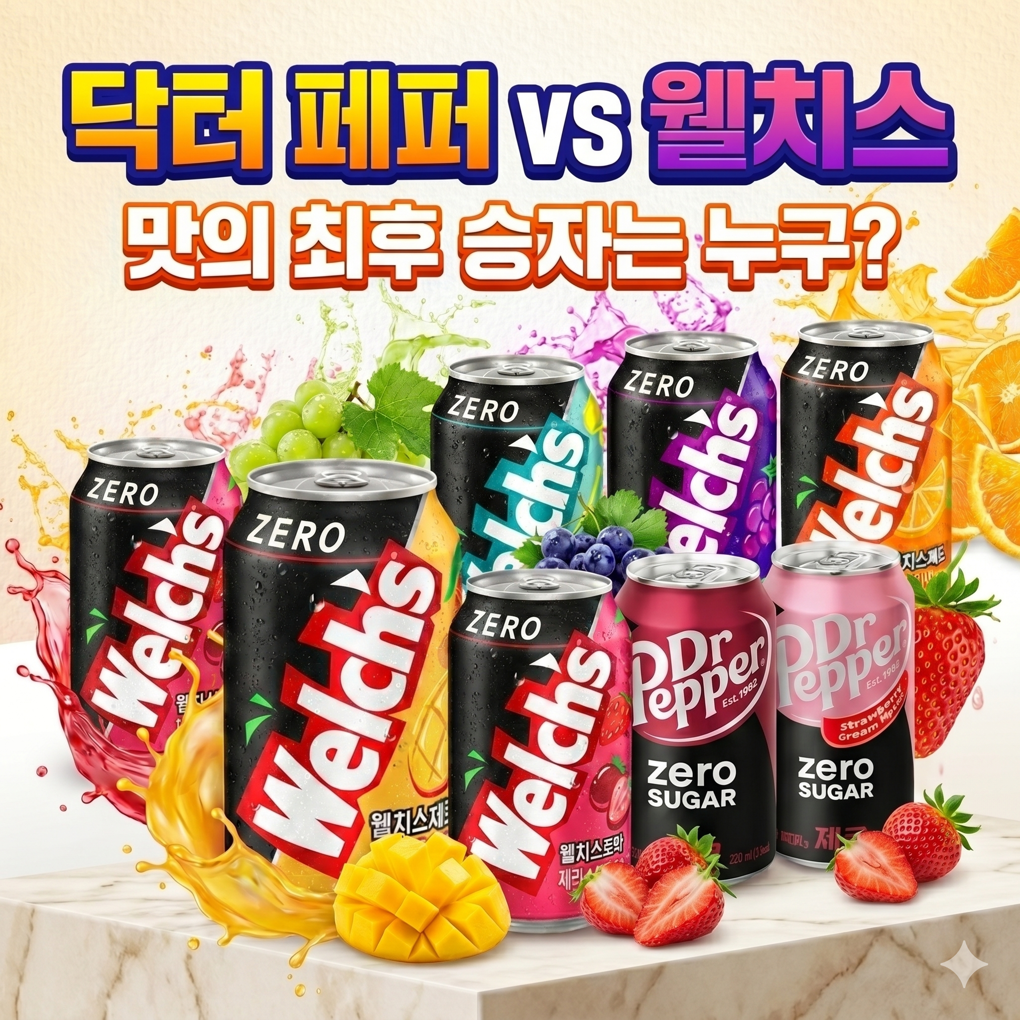닥터 페퍼와 웰치스 제로 음료의 맛을 비교 분석하는 블로그 및 유튜브 썸네일 이미지