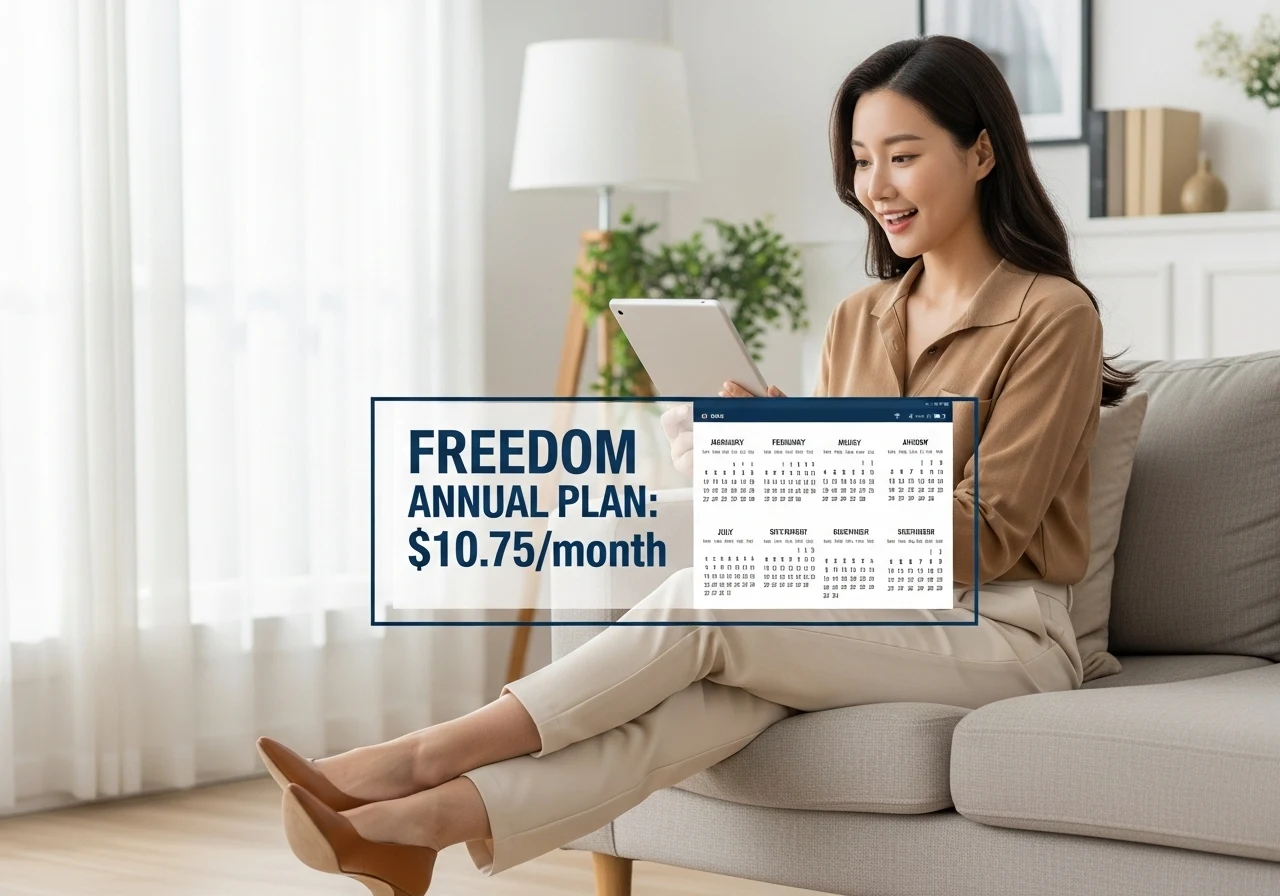 한 여성이 태블릿 화면에 표시된 1년 달력과 Freedom Mobile 연간 요금제의 저렴한 월 환산 비용을 보며 만족스럽게 미소 짓고 있다.