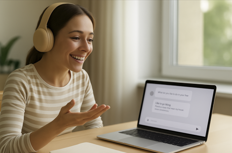 노트북 앞에 앉은 여성이 미소 지으며 ChatGPT로 영어 회화 연습 중. 화면에는 대화창처럼 영어 문장