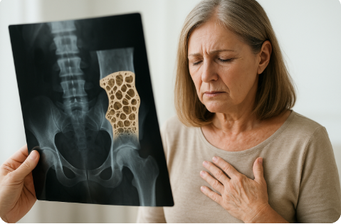 폐경기 중년 여성이 골다공증을 보여주는 엑스레이 사진앞에서 걱정스러워 하는 모습