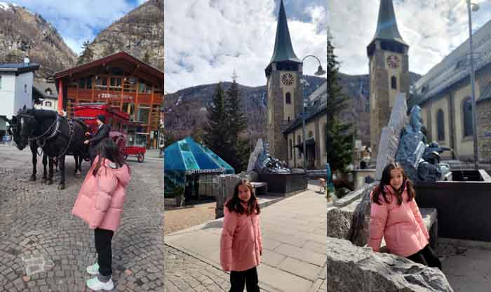 체르마트의 골목에서 만난 빨간 마차와 마테호른 박물관과 세인트 모리셔스 교구성당의 시계탑