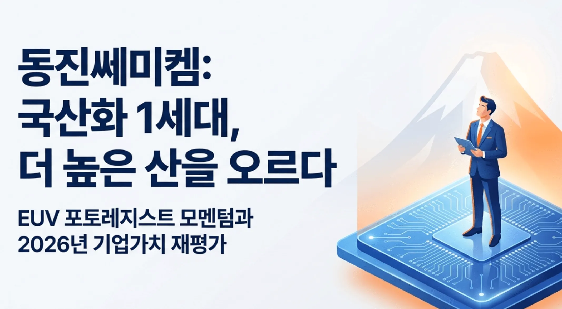 ‘동진쎄미켐: 국산화 1세대, 더 높은 산을 오르다’라는 문구와 ‘EUV 포토레지스트 모멘텀과 2026년 기업가치 재평가’ 부제가 담긴 블로그 대표 이미지. 정장을 입은 인물이 반도체 칩 위에 서서 높은 산을 바라보는 모습으로, 동진쎄미켐의 EUV 포토레지스트 국산화와 2026년 주가 전망·기업가치 재평가를 상징적으로 전달하며, 블로그의 동진쎄미켐 주가 전망 분석 주제와 관련된 내용을 설명함