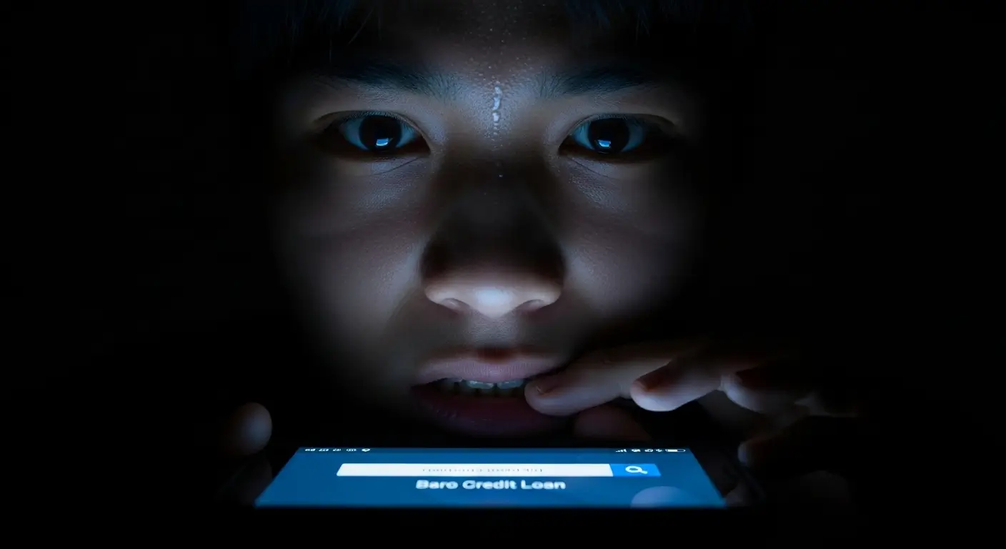 어두운 방에서 스마트폰으로 바로크레디트대부를 검색하며 걱정하는 한국인 청년의 모습