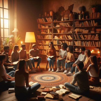 책들로 둘러싸인 조용한 방에서 사람들이 모여 앉아 책을 읽고 있는 장면입니다.