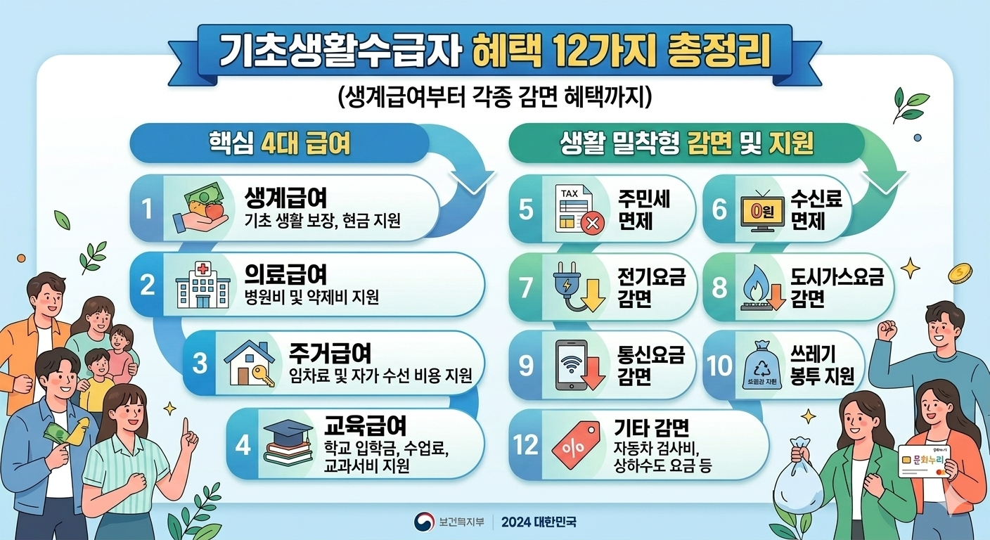 기초생활수급자 혜택 12가지 총정리 (생계급여부터 각종 감면 혜택까지)