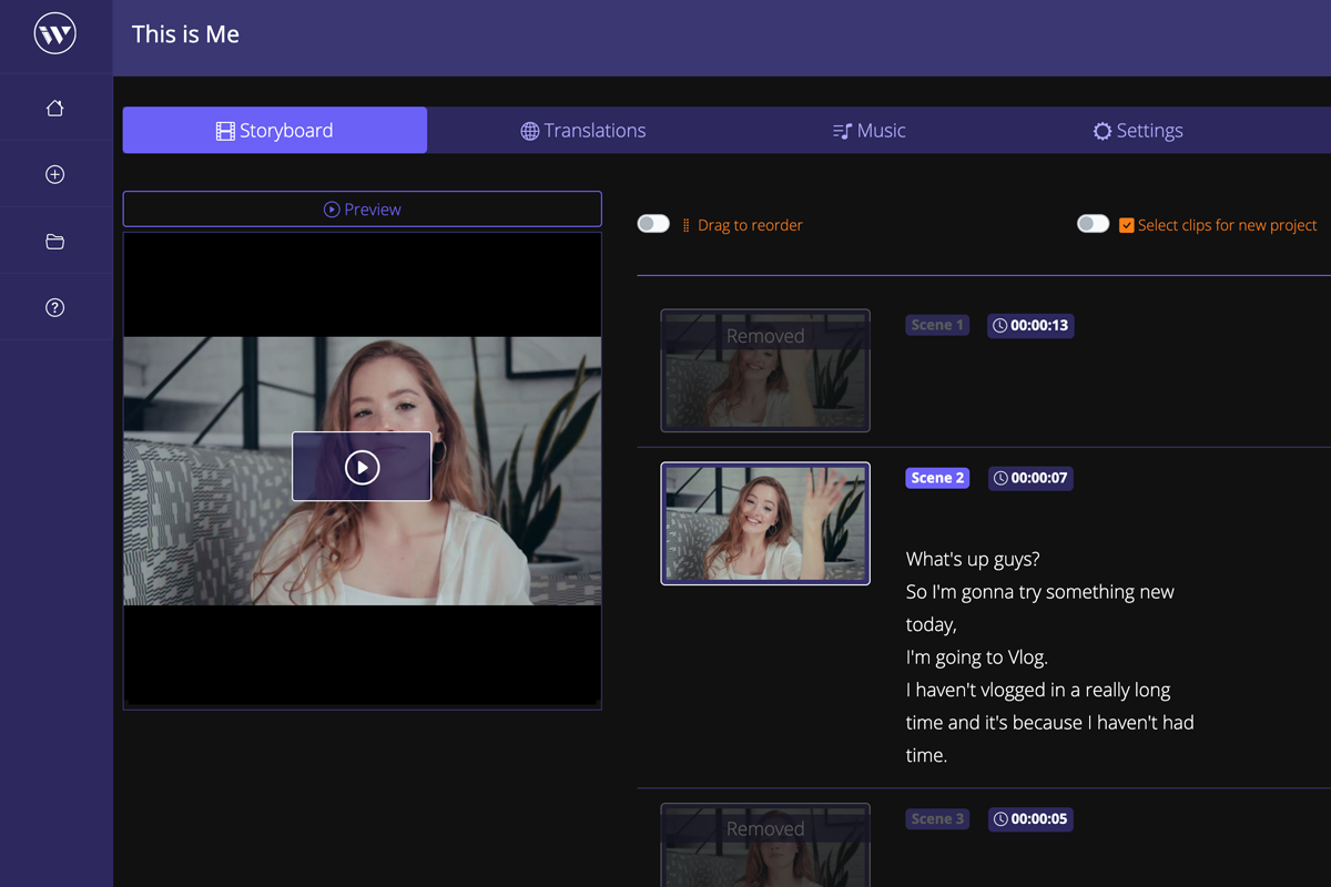 Wisecut의 직관적인 자동 편집 인터페이스