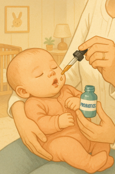 아기에게 스포이트로 유산균을 조심스럽게 먹이는 부모의 손