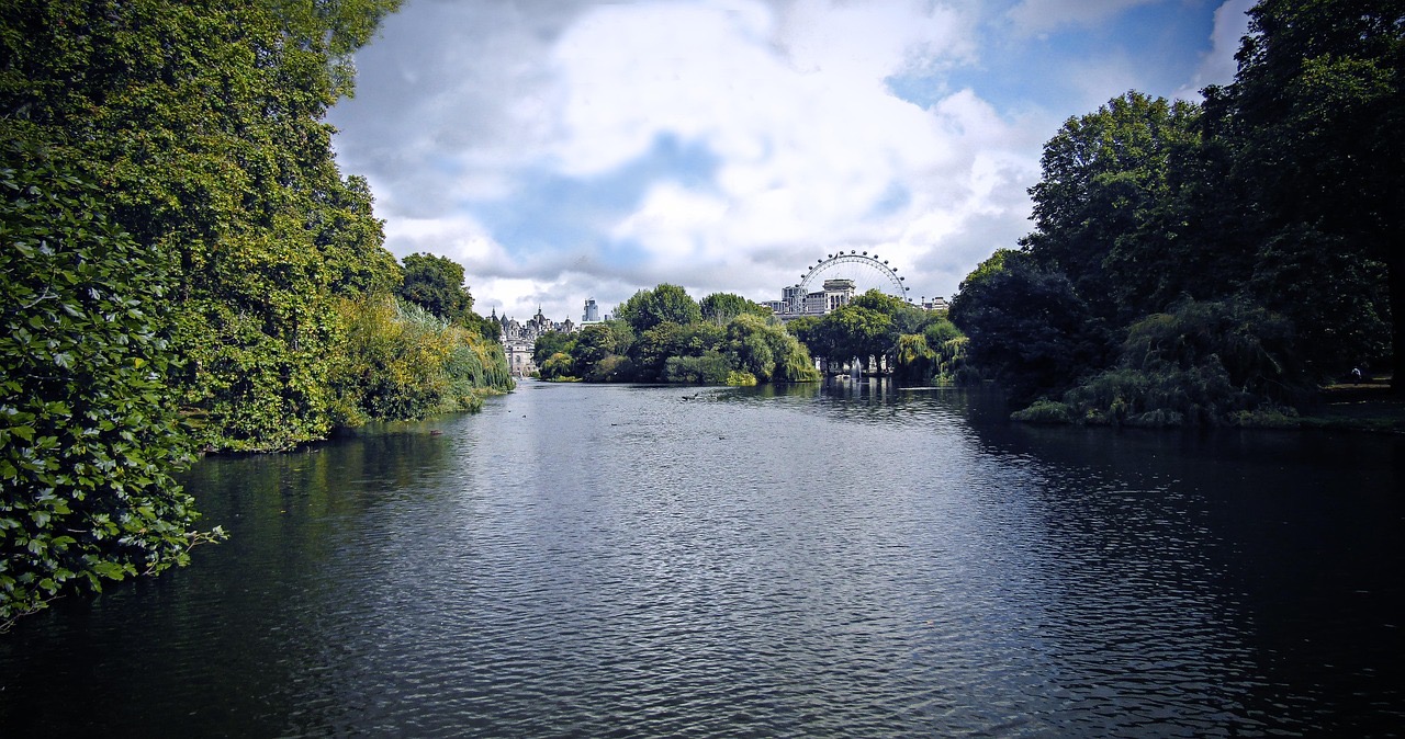 런던 시내의 공원 호수와 나무들, 멀리 보이는 런던아이 전망대가 어우러진 전경