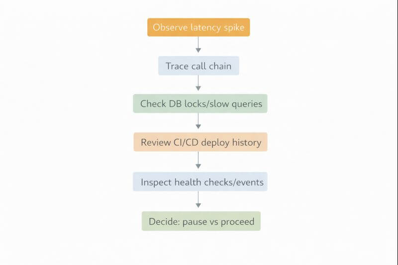 응답 지연 발견부터 트레이싱 확인, DB 락 점검, 배포 이력 확인, 헬스체크 이벤트 확인까지의 단계형 점검 흐름을 보여주는 순서도이다.