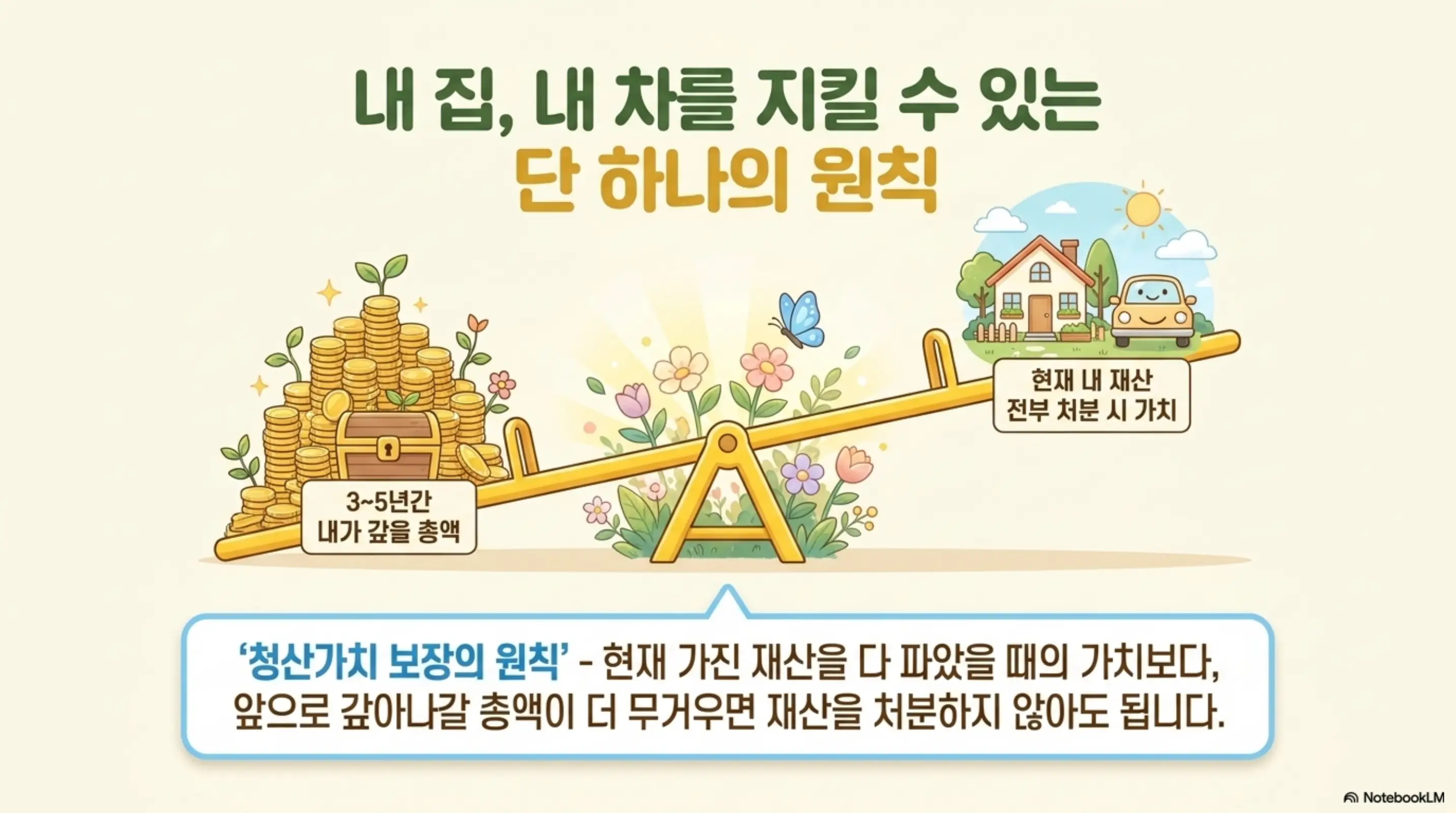 개인회생 vs 개인파산: 내 집 내 차를 지킬 수 있는 단 하나의 원칙. 3~5년간 갚을 총액이 현재 재산을 전부 처분했을 때의 가치보다 무거우면 재산을 처분하지 않아도 되는 청산가치 보장의 원칙을 시소 비유로 설명하는 인포그래픽 이미지 