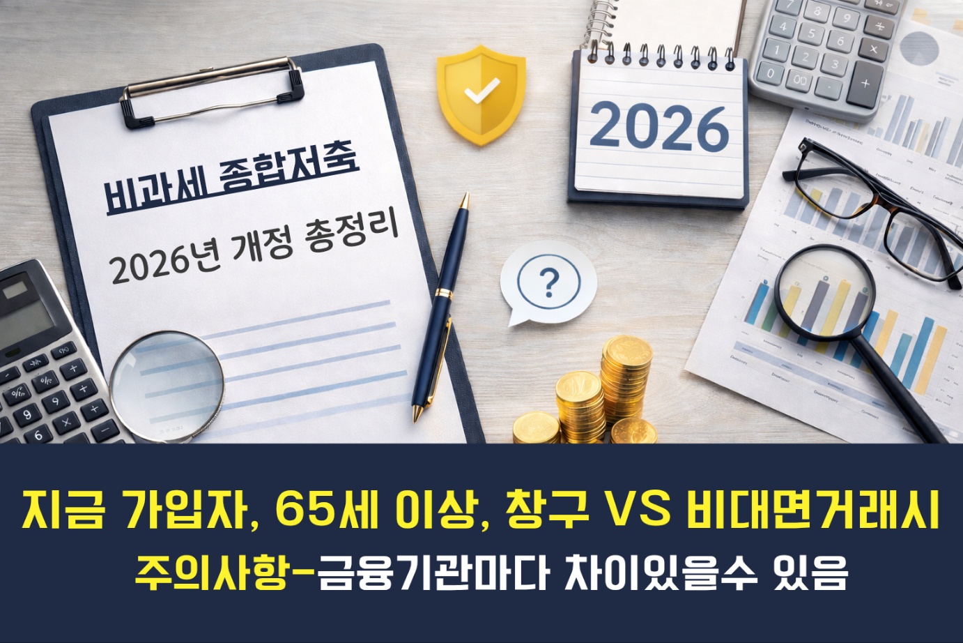 2026년 비과세 종합저축 제도 개편 내용을 정리한 금융 정책 안내 이미지로, 통장과 서류가 놓인 책상 위에서 세금 혜택 변화를 설명하는 콘셉트