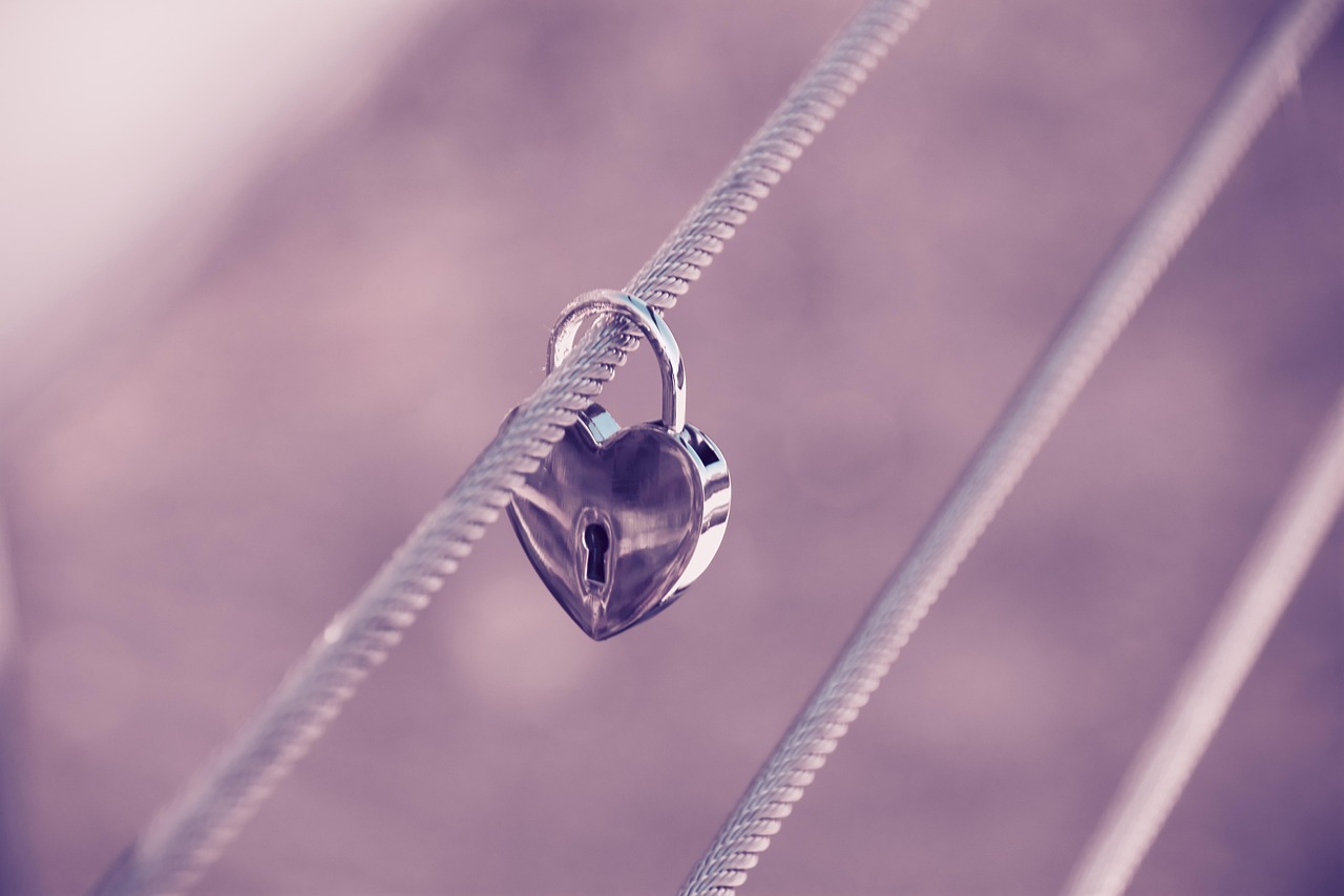 하트모양 자물쇠가 몽환한 배경안에 걸려져있는 사진