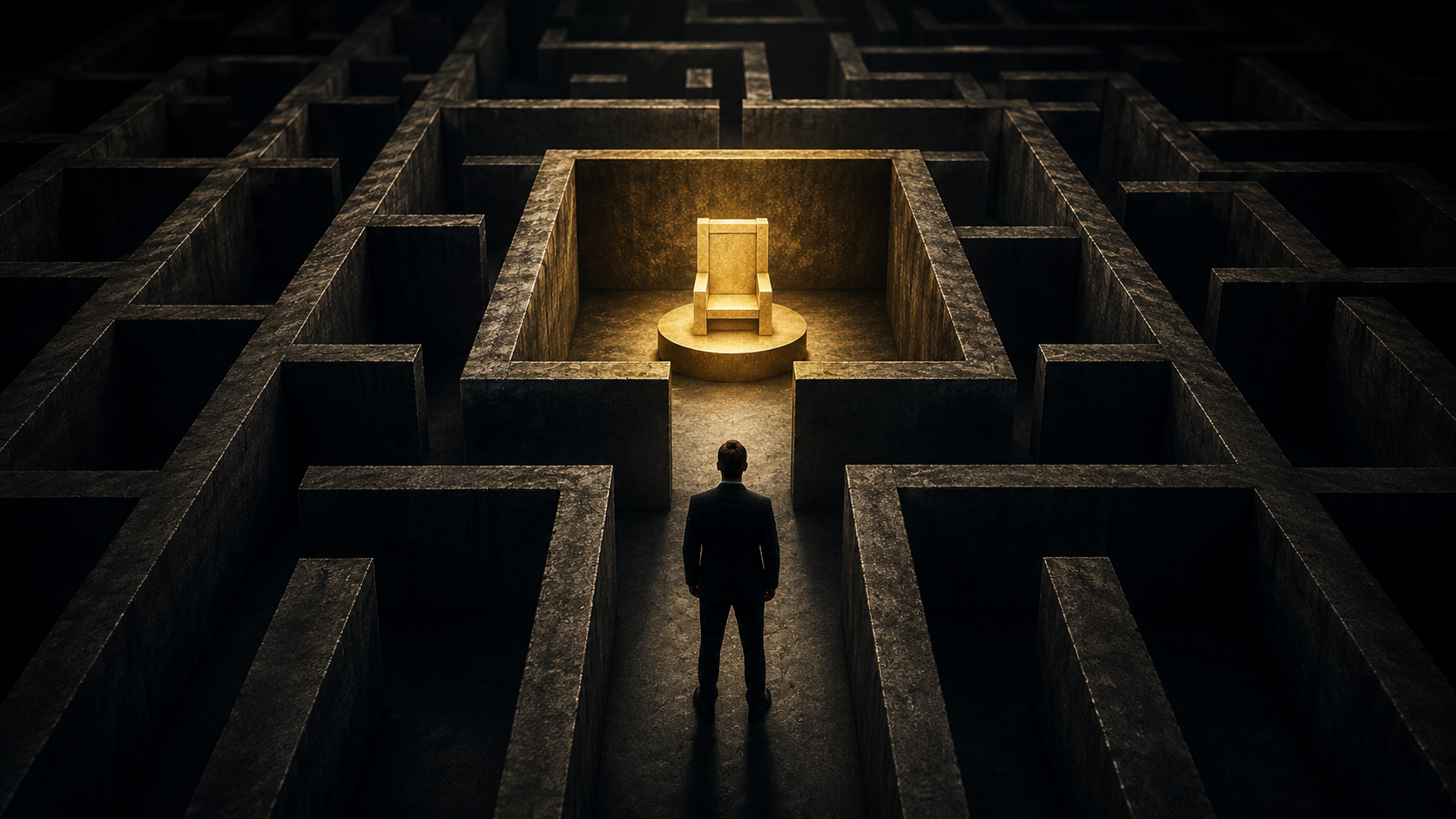 Symbolic maze leading to a golden throne representing monopoly and market dominance
