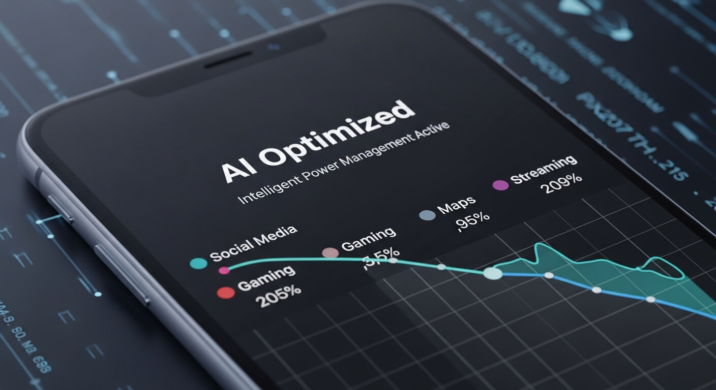 스마트폰 화면에 배터리 사용량 그래프와 AI 최적화 메시지가 표시되어, 인공지능 기반의 전력 관리를 보여줍니다.