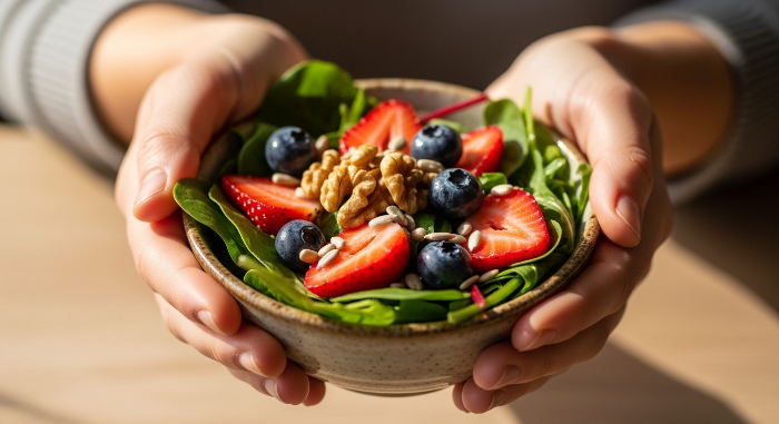 평화로운 분위기에서 신선한 샐러드 재료가 담긴 그릇을 두 손으로 조심스럽게 들고 있는 모습.