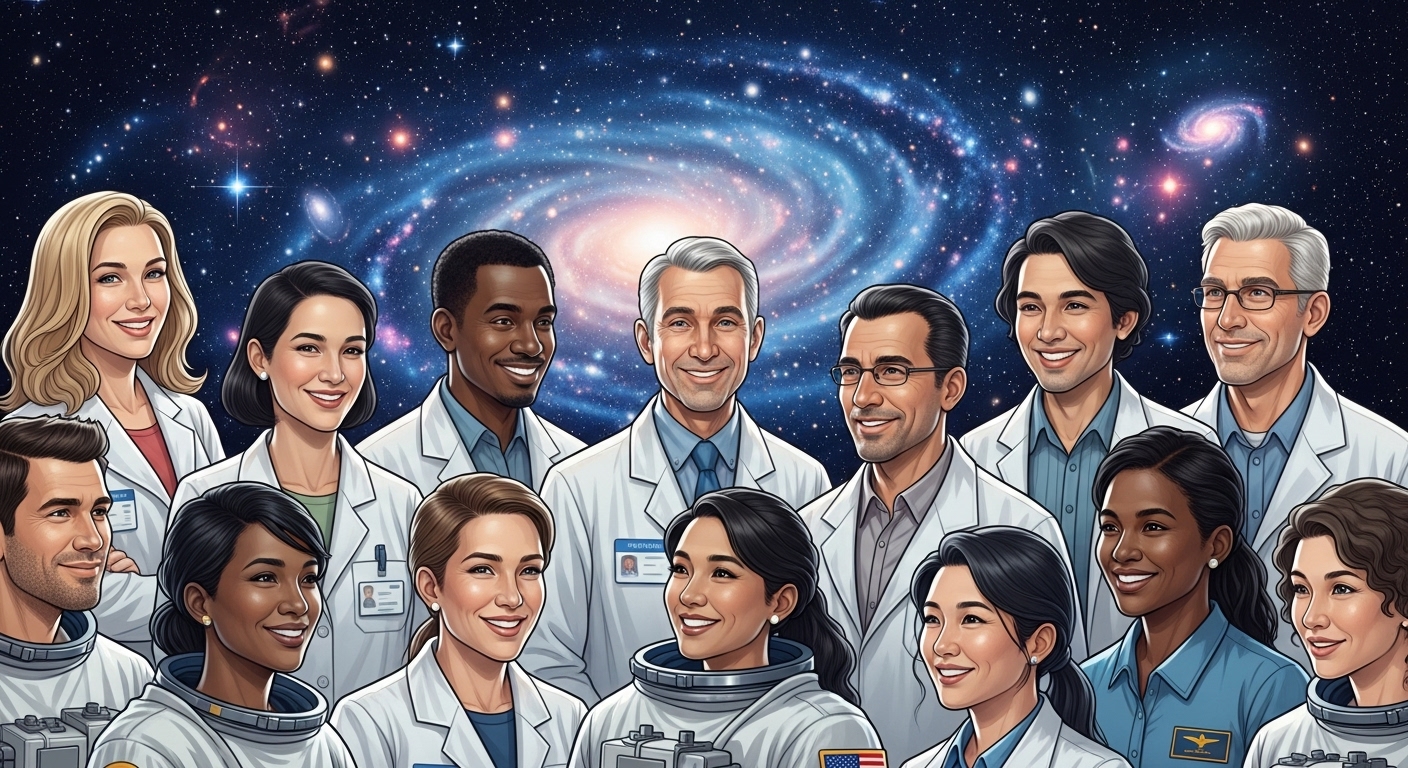 별과 성운이 가득한 우주를 배경으로, 다양한 인종과 성별의 과학자, 엔지니어, 우주비행사들이 함께 협력하며 미소 짓고 있는 감동적인 모습의 일러스트레이션