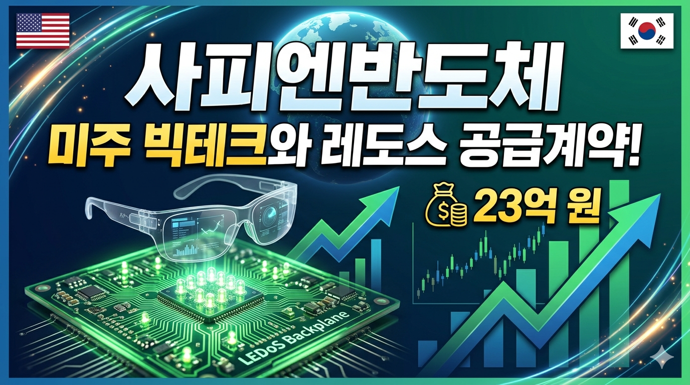 사피엔반도체 로고와 증강현실(AR) 스마트글래스, 그리고 LEDoS 백플레인 웨이퍼가 결합된 배경 위로 '미주 빅테크와 레도스 공급계약!', '23억 원'이라는 굵은 한글 텍스트와 함께 주가 상승을 의미하는 녹색 화살표와 그래프가 그려져 있는 블로그 썸네일 이미지