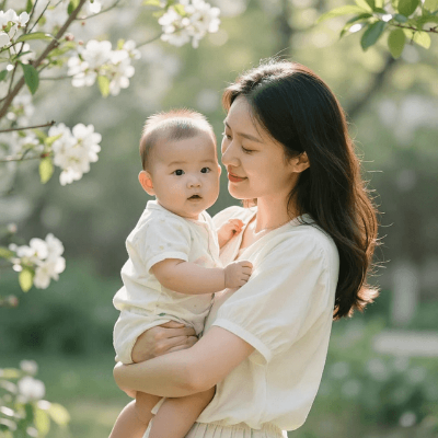 엄마가 아기를 품에 안고 다정한 미소를 짓고 있는 모습