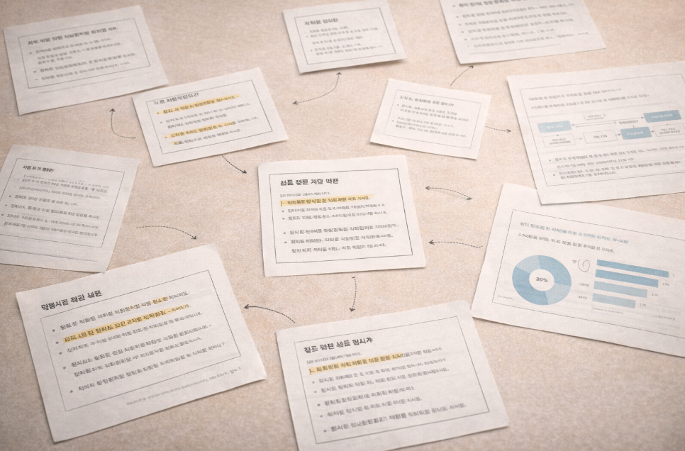 연결 구조 없이 흩어진 블로그 콘텐츠 배치를 표현한 이미지