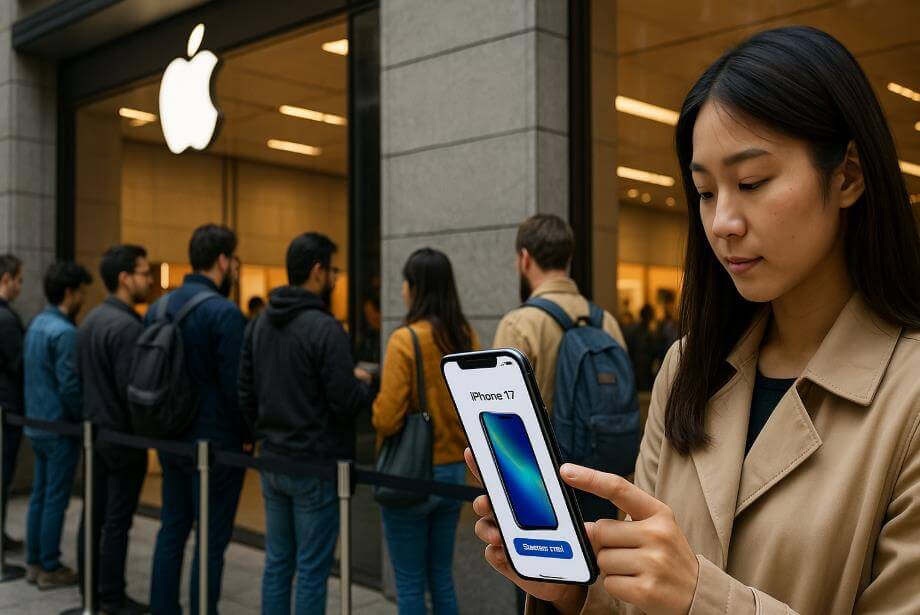 애플 스토어 앞 줄과 아이폰 17 예약 화면 확인하는 여성