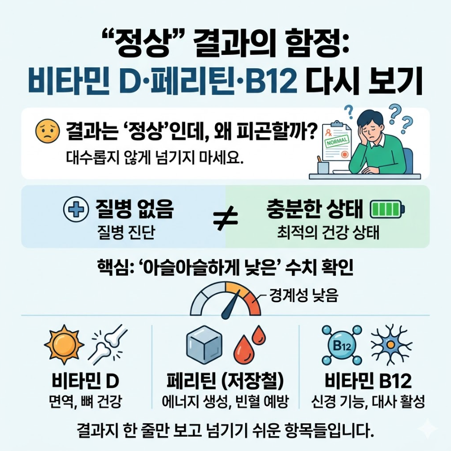 혈액 검사 정상인데 피곤할 때 비타민D 페리틴 B12 수치 다시 확인 인포그래픽