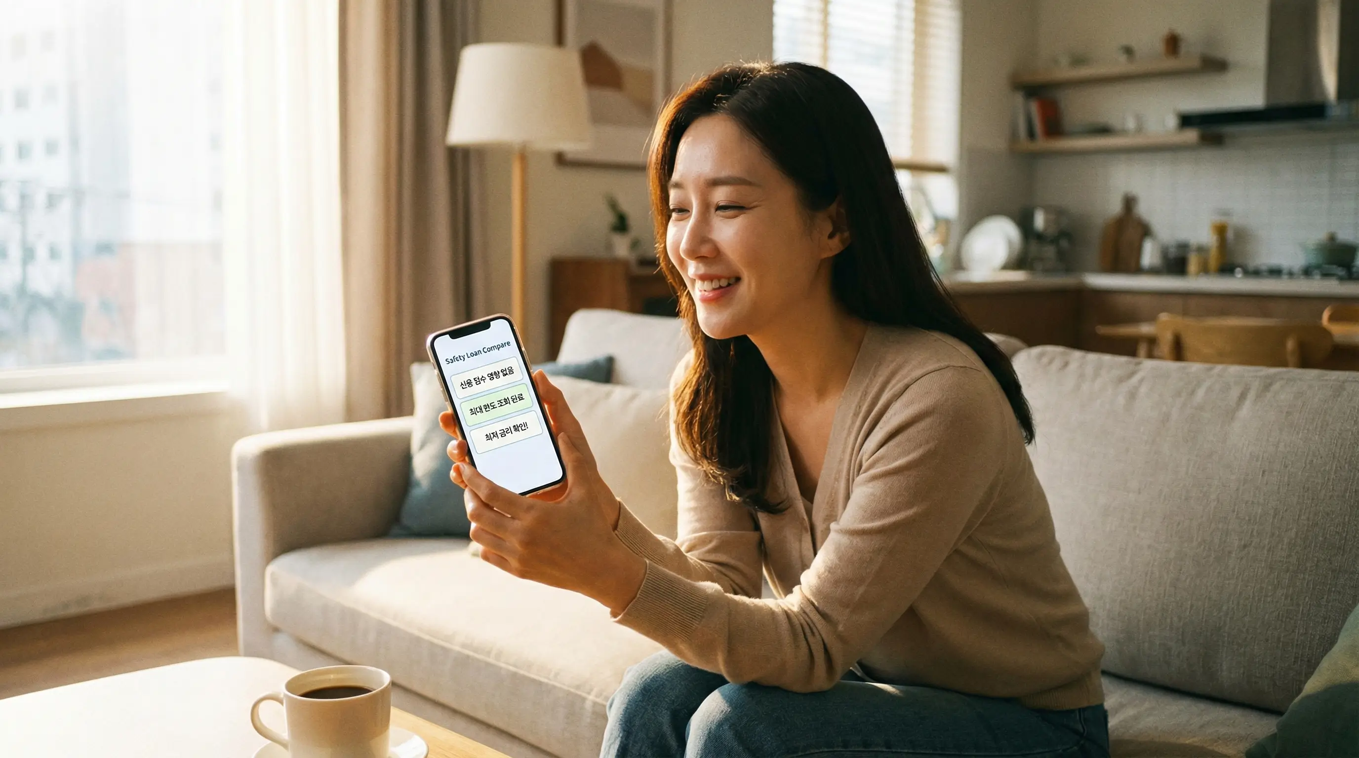 안전한 대출 비교 플랫폼을 통해 내 신용 점수 영향 없이 한도를 조회하고 안도하는 모습