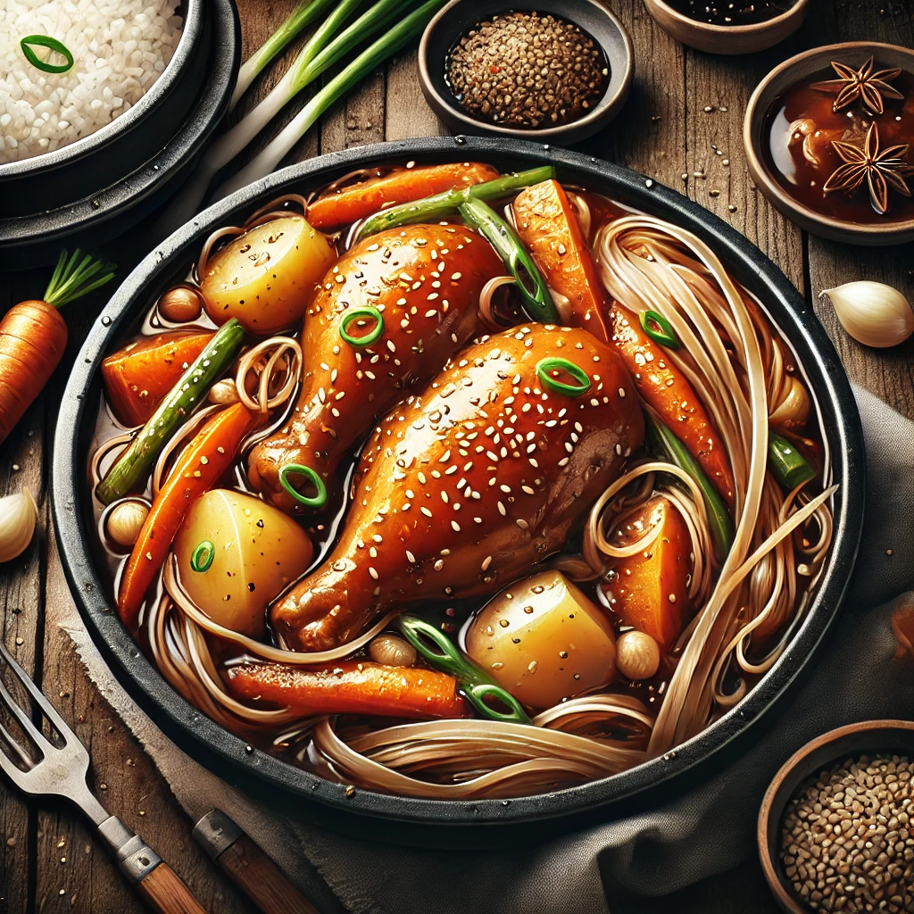 부드러운 닭고기와 감자, 당근, 당면을 간장 소스에 졸여낸 찜닭 요리, 검은 전골냄비에 담긴 따뜻한 저녁 메뉴