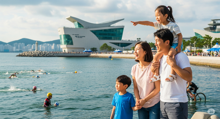 영도구 국립해양박물관 앞에서 철인 3종 경기를 관람하는 가족들