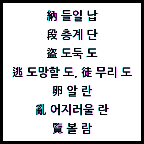 納들일납, 段층계단, 盜도둑도, 逃도망할도, 徒무리도, 卵알란, 亂어지러울란, 覽볼람, 한자4급