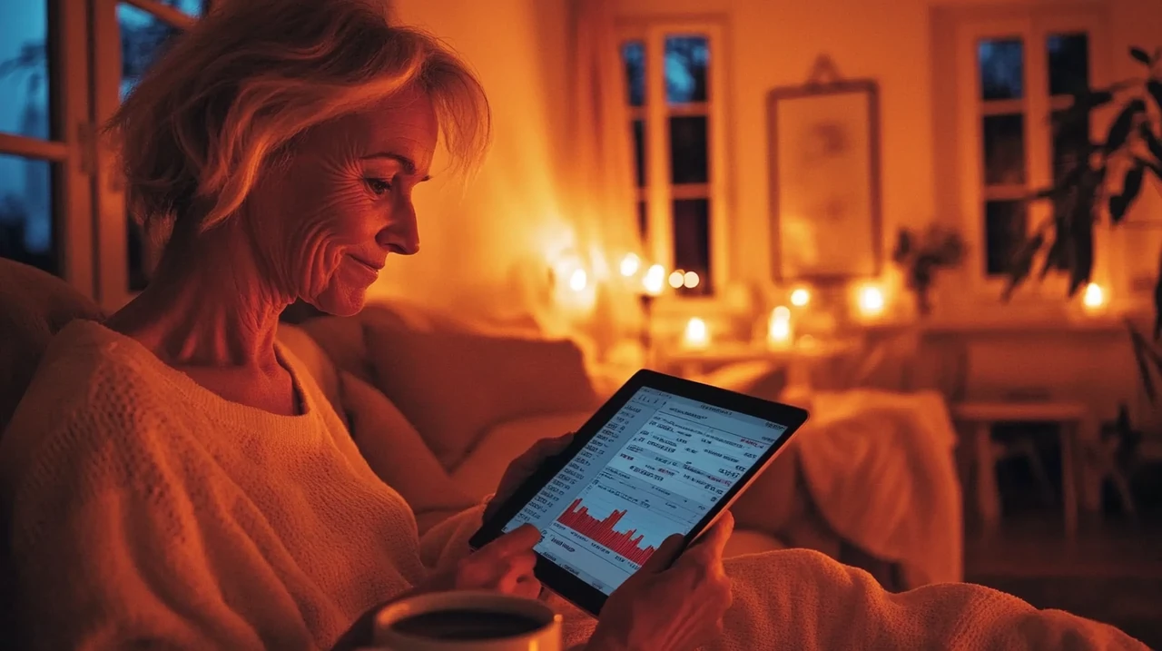 퇴직자가 아침 커피를 마시며 태블릿으로 ETF 포트폴리오를 점검하는 모습. 편안하고 따뜻한 느낌으로 재정적 안정감을 전달합니다.