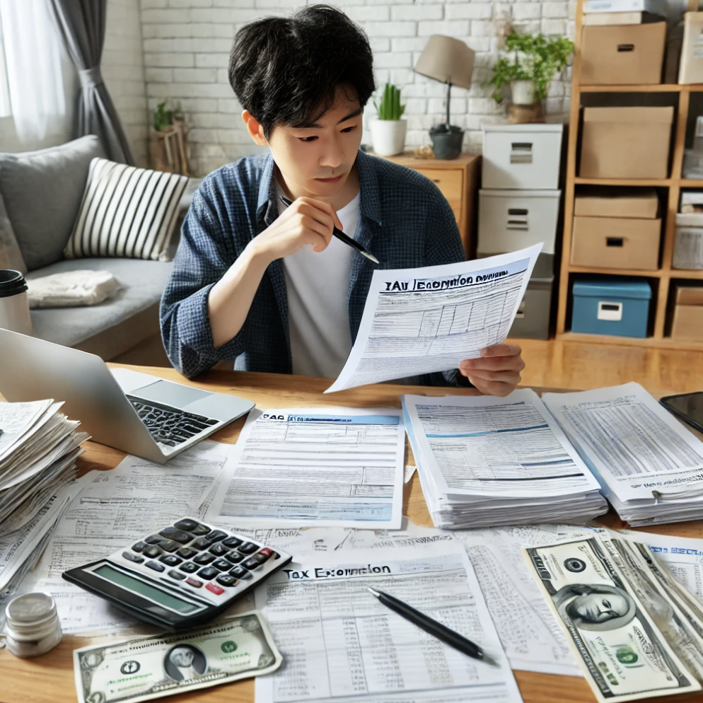 납세자가 집에서 세금 면제 서류를 검토하는 장면