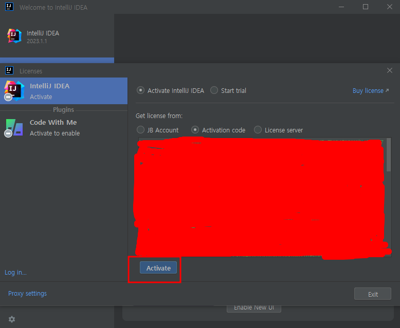 라이센스 코드 입력 후 Activate 버튼 클릭