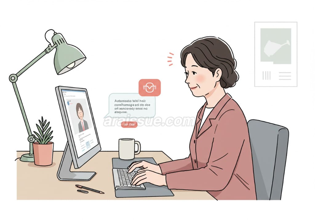 실손보험 청구 절차를 자동화된 시스템을 통해 제출하는 한국 중년 여성 일러스트. 깔끔한 사무실 배경과 함께 청구 승인 알림이 화면에 나타나는 모습입니다.