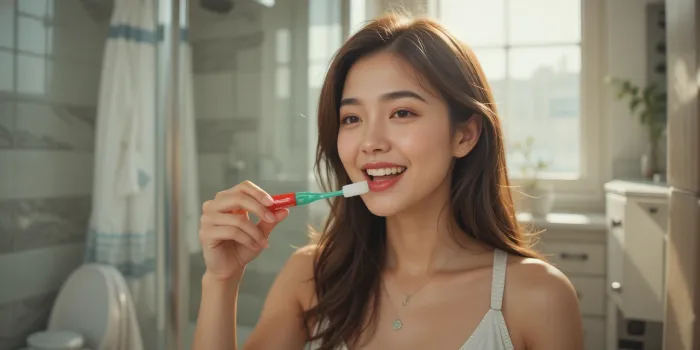 아조나 치약으로 양치하는 여성