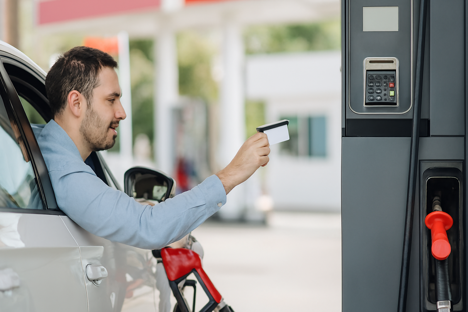 주유소에서 카드로 결제하는 운전자의 모습 이미지
