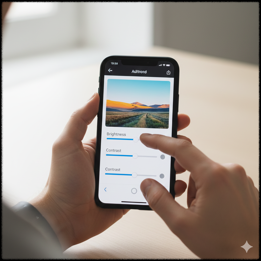 스마트폰에서 사진 편집 앱을 사용하는 장면