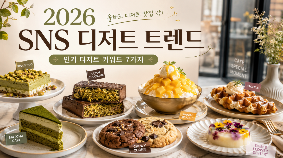 2026 SNS 디저트 트렌드와 요즘 카페에서 인기 많은 디저트 키워드 7가지를 보여주는 이미지