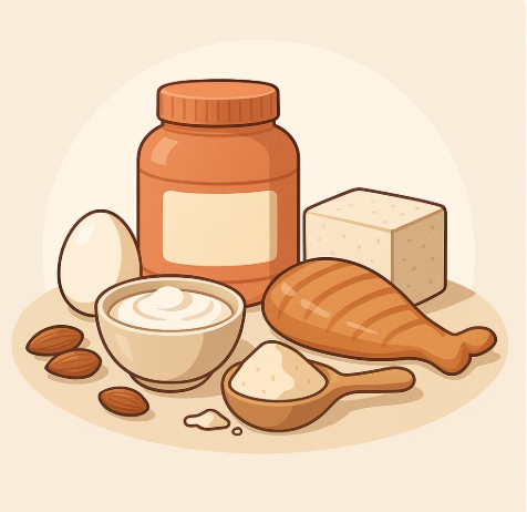 운동을 하지 않는 일반인의 단백질 섭취 가이드를 설명하는 일러스트. 달걀, 닭가슴살, 두부, 요거트 등 일상 식품이 조화롭게 배치됨.