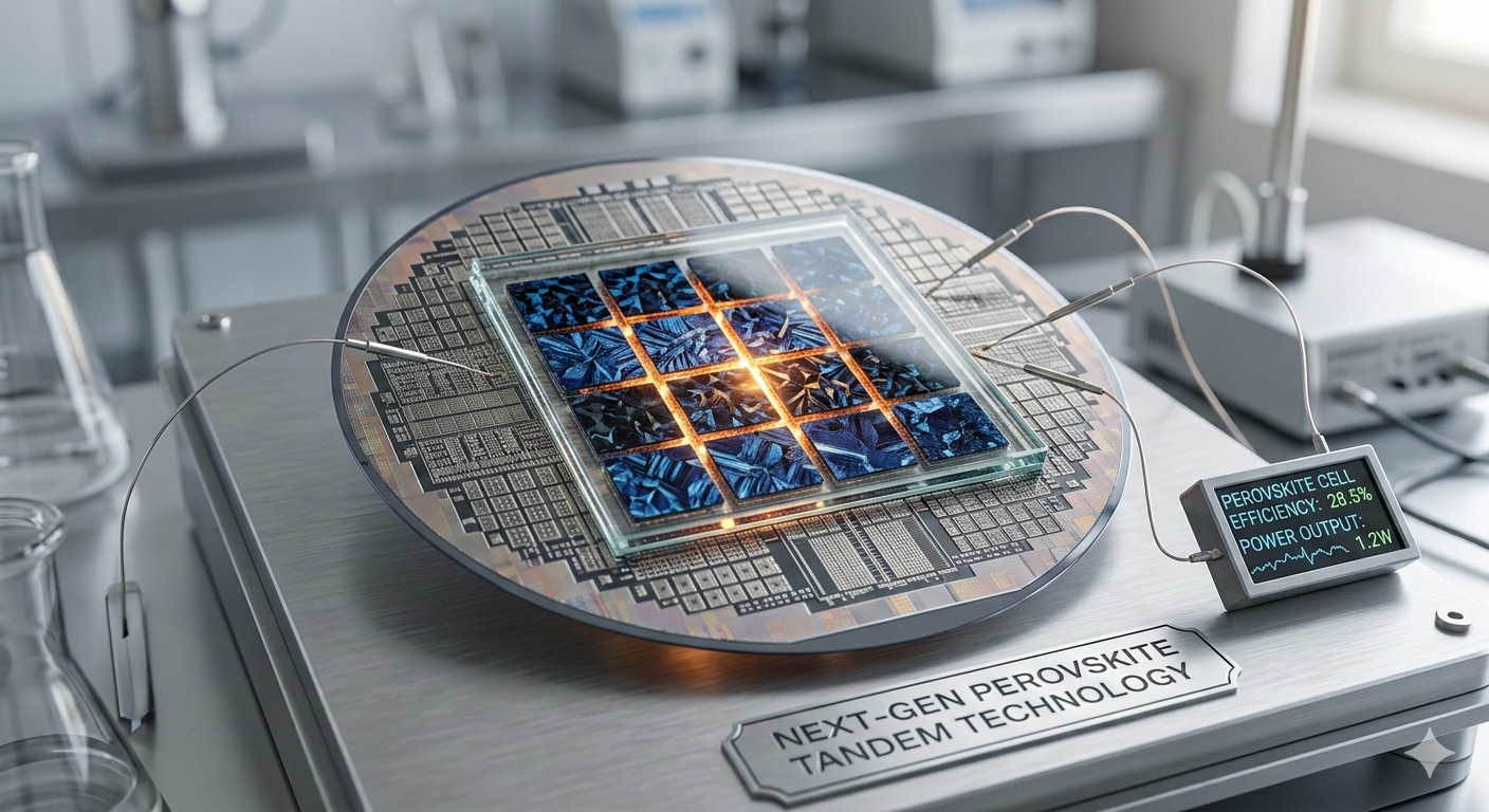 유니테스트 페로브스카이트 태양전지 기술력을 상징하는 반도체 칩과 태양광 패널 이미지