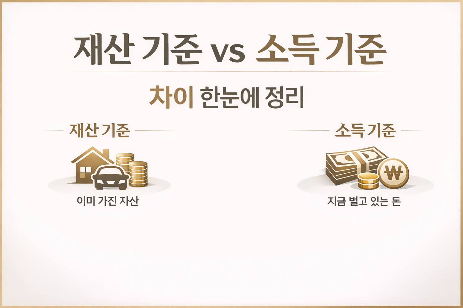 재산 기준 소득 기준 차이 정리 비교 이미지 — support eligibility 기준 vs income vs assets 차이 요약 infographic