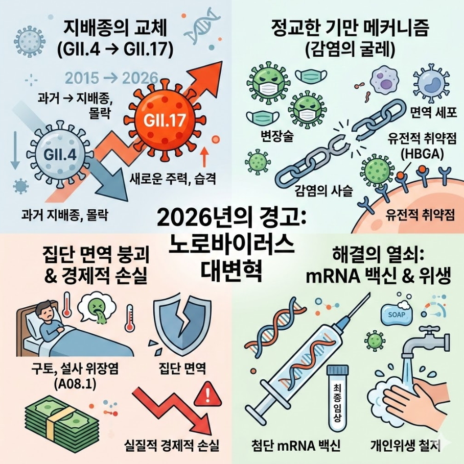 2026 노로바이러스 경고: 지배종 GII.4 쇠퇴와 GII.17 부상, 집단면역 붕괴&middot;mRNA 백신&middot;위생 핵심 요약 인포그래픽