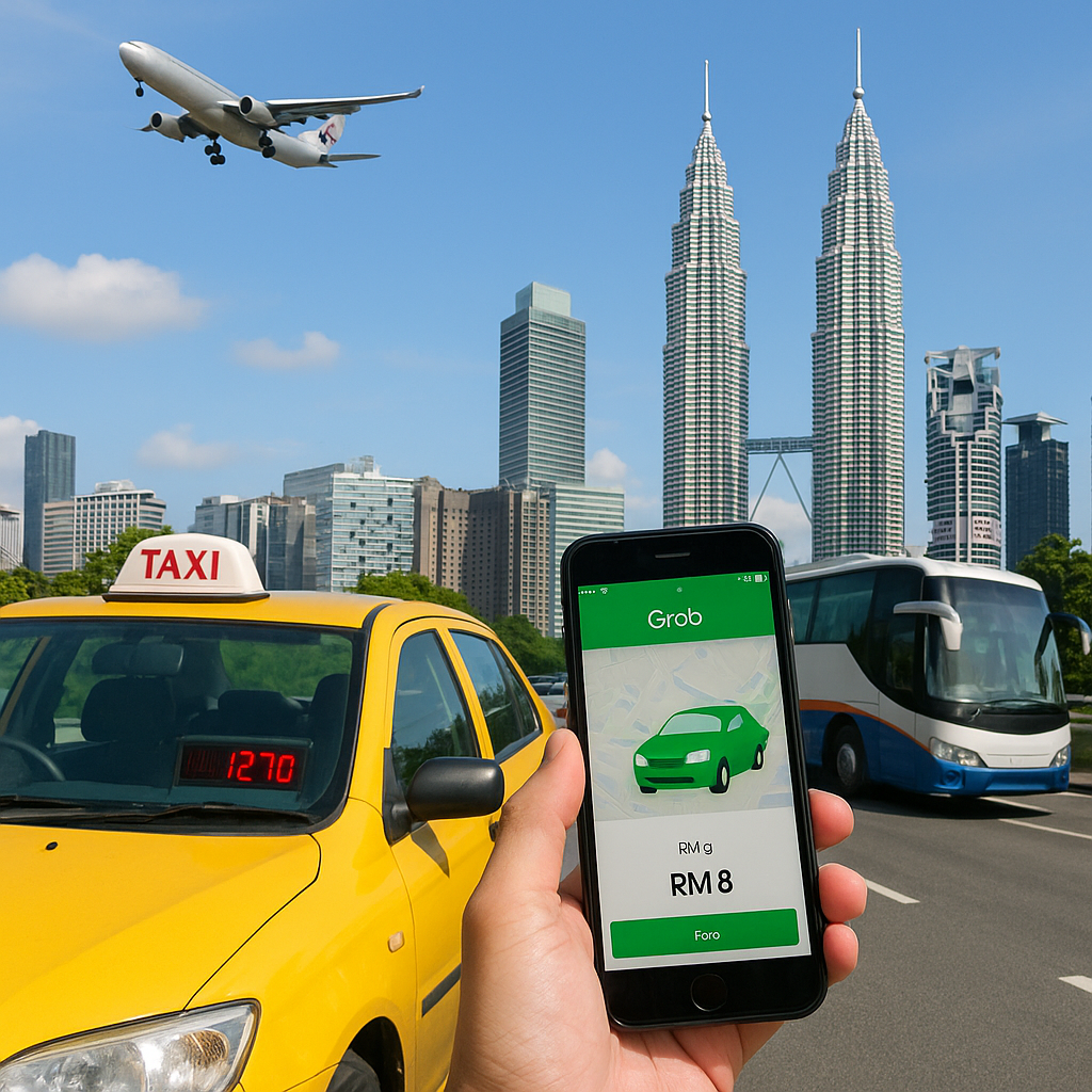 쿠알라룸푸르 도심을 배경으로 노란 택시와 Grab 호출 화면, 고속버스, 페트로나스 트윈타워 위로 날아가는 여객기가 한눈에 담긴 풍경
