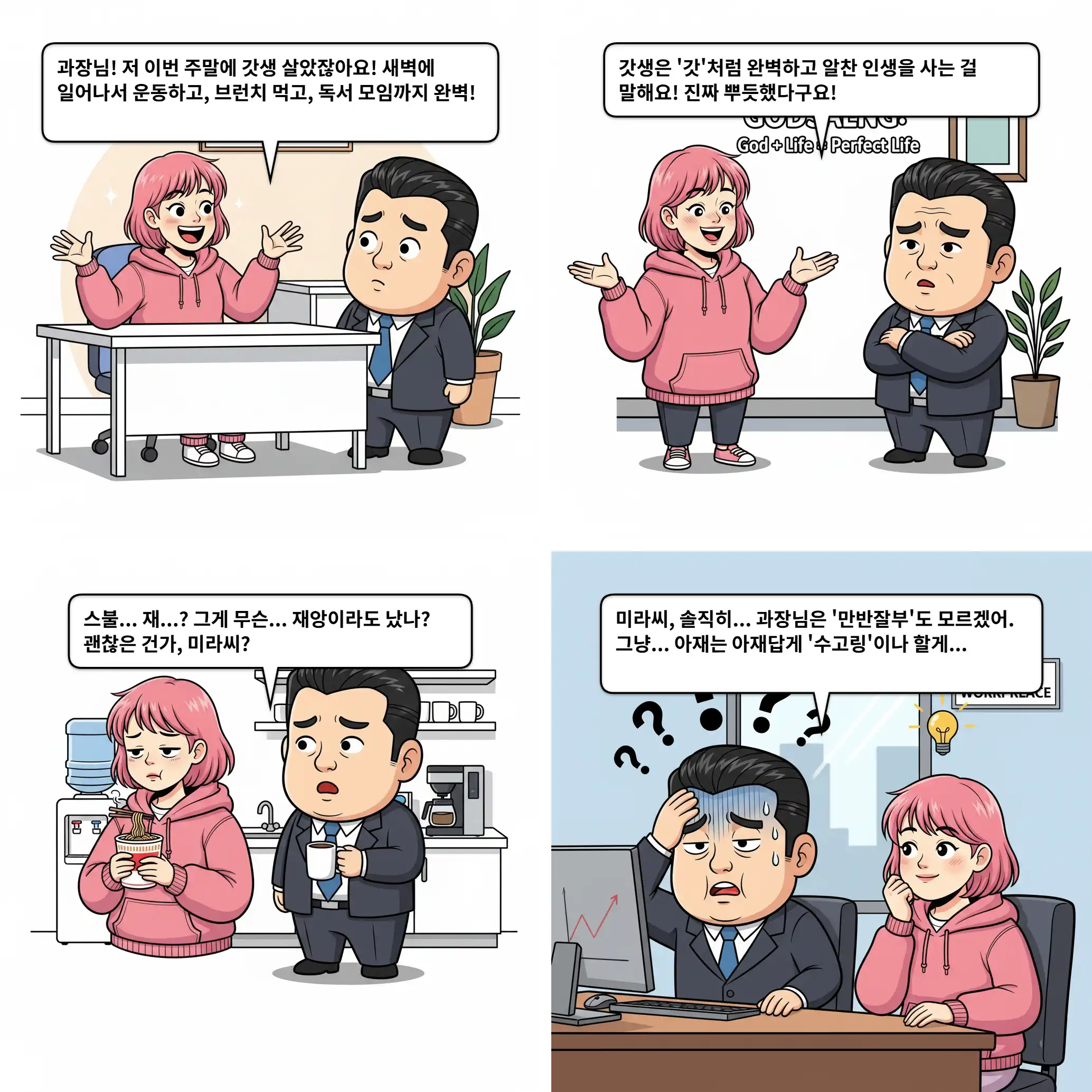 MZ세대가-회사의-기성-세대-과장님과-신조어를-사용하며-대화하는-4컷-만화-갓생-스불재-등의-신조어를-회사-과장이-이해-못하는-장면을-묘사