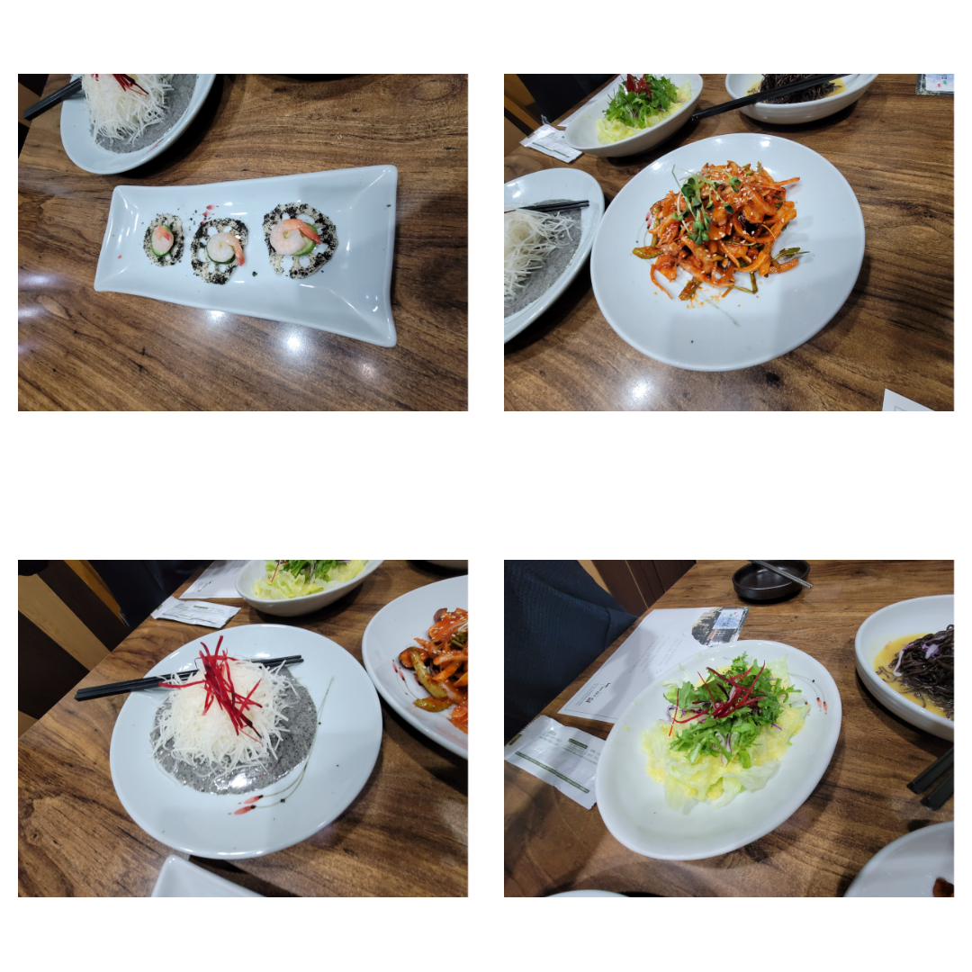 새우까나페, 오징어초무침, 생감자 냉채, 야채 샐러드